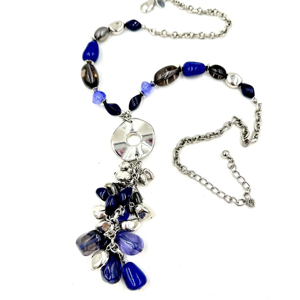 CHICO’S Silver Blue Purple Beaded Long Tassel Necklace